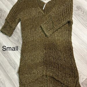 Free People Green V-Neck Sweater with Ribbed Knit